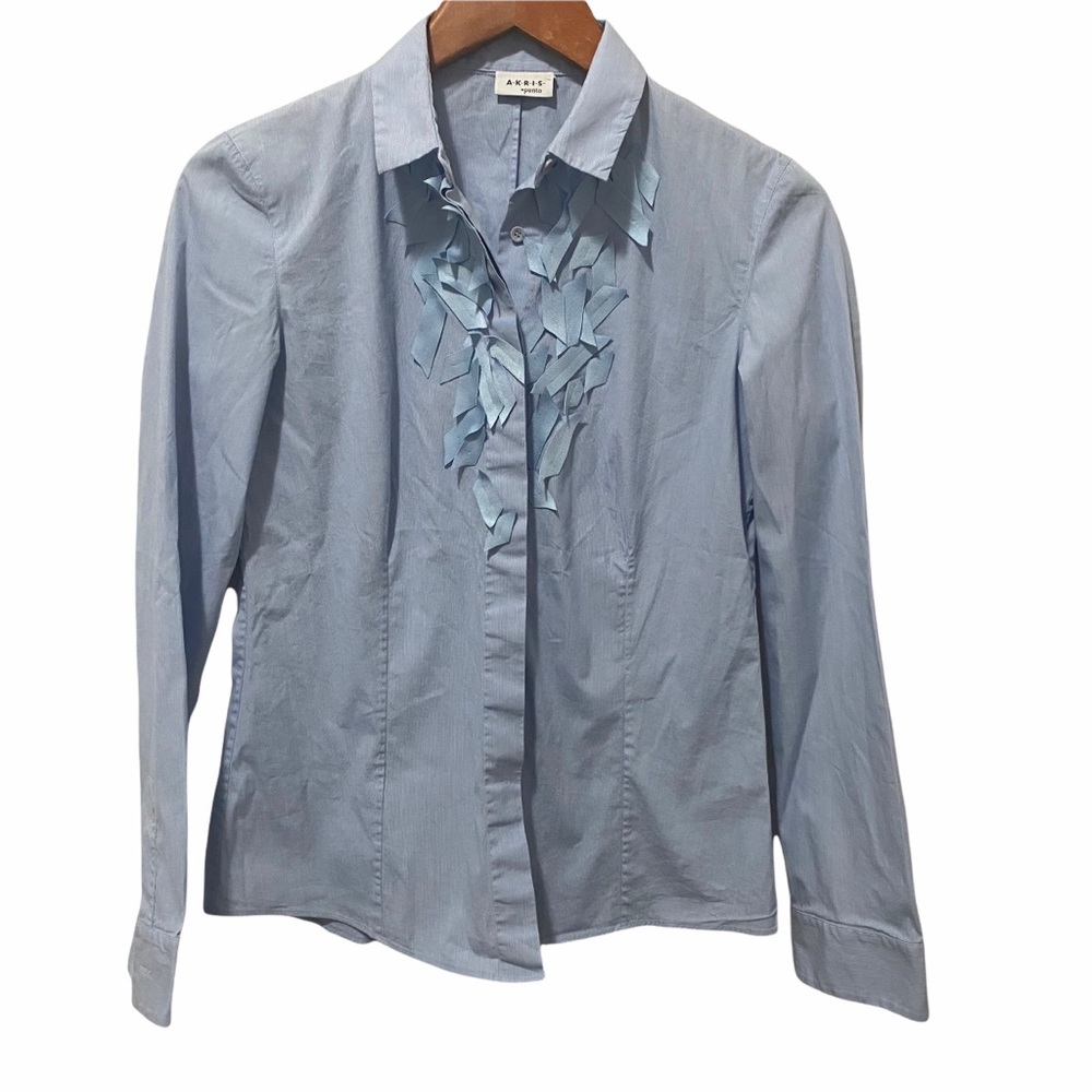 Akris Punto Button Front Blue Long Sleeve size 6 3D detail Fringes Corporate